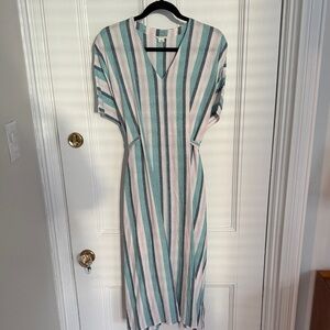 Teal and White Striped Linen Blend Midi Dress